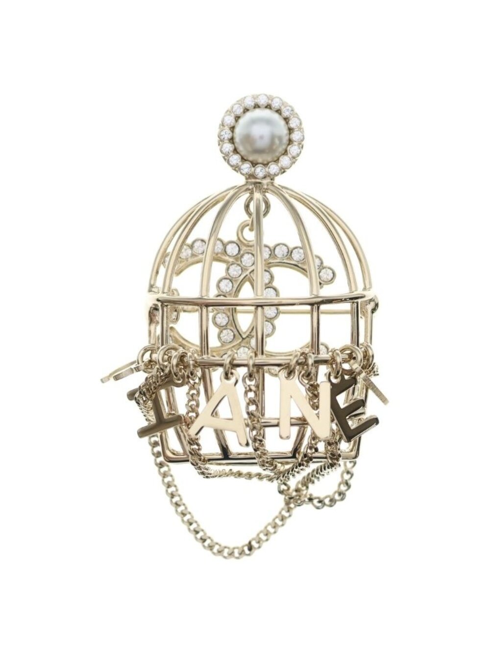 Chanel CC Logo Chain Rhinestone Pearl Brooch Gold